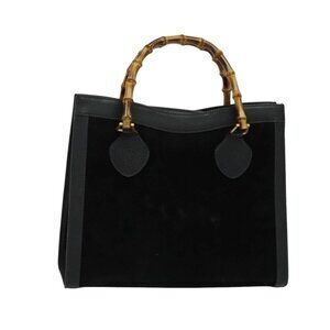 GUCCI Bamboo Hand Bag Suede Black Gold 002 1095 0260 Auth ep9070
